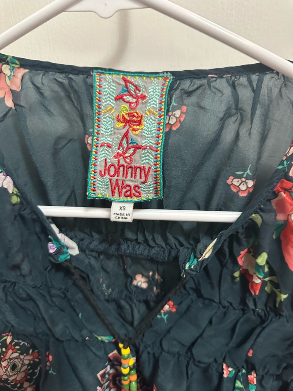 Johnny Was Navy Floral Medallion Peasant Blouse with Tassels - Picture 4 of 4